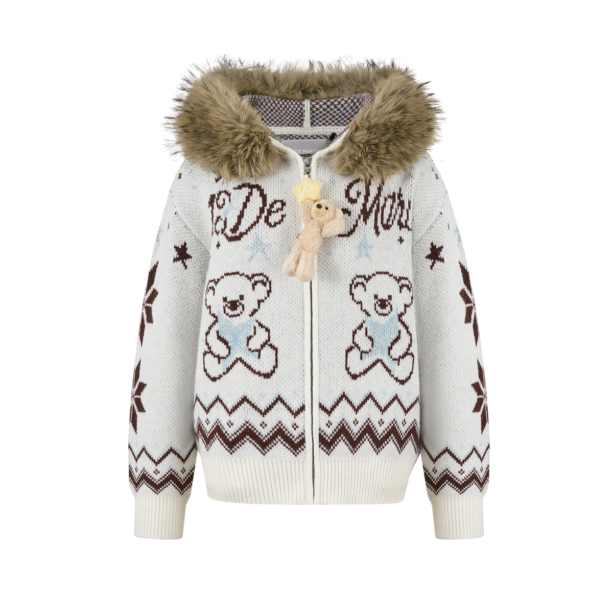 13DE MARZO Fair Isle Collar Zip Hoodie Beige - 13DE MARZO