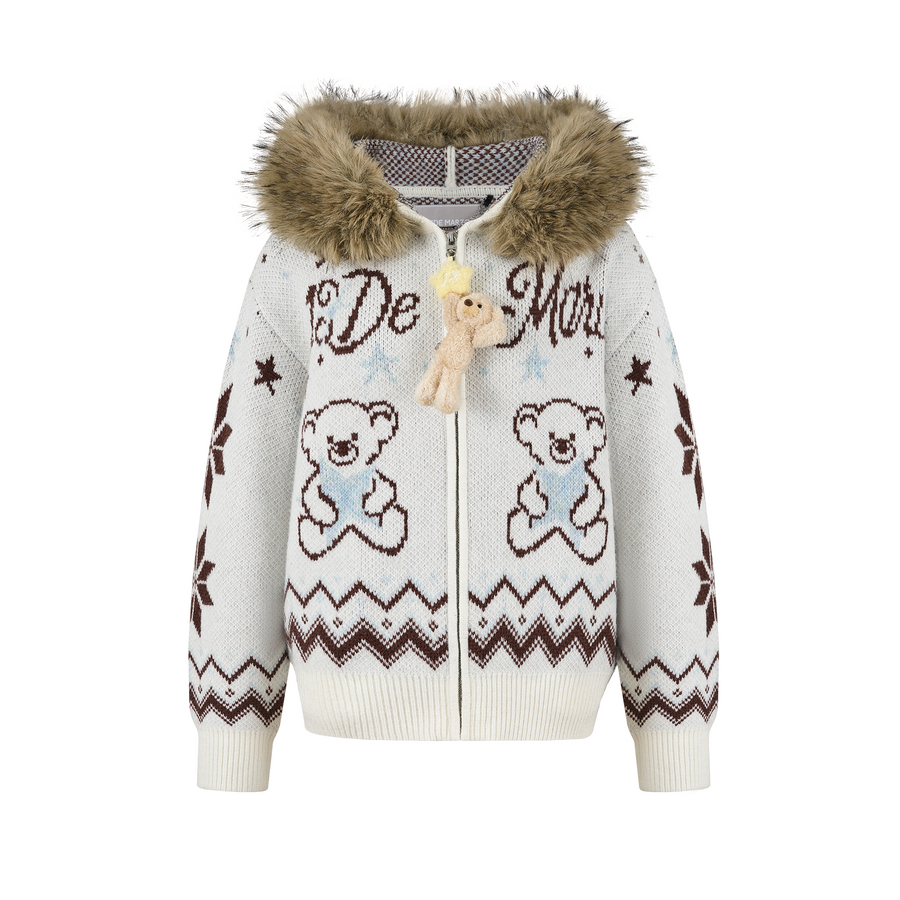 13DE MARZO Fair Isle Collar Zip Hoodie Beige - 13DE MARZO