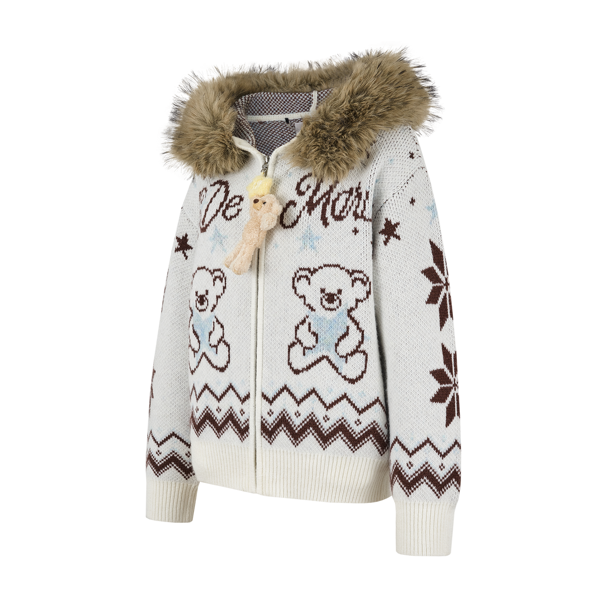 13DE MARZO Fair Isle Collar Zip Hoodie Beige - 13DE MARZO