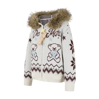 13DE MARZO Fair Isle Collar Zip Hoodie Beige - 13DE MARZO