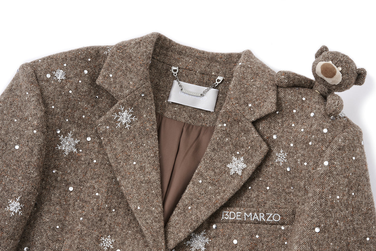 13DE MARZO Rhinestone Snowflake Embroidery Blazer Coat Brown - 13DE MARZO