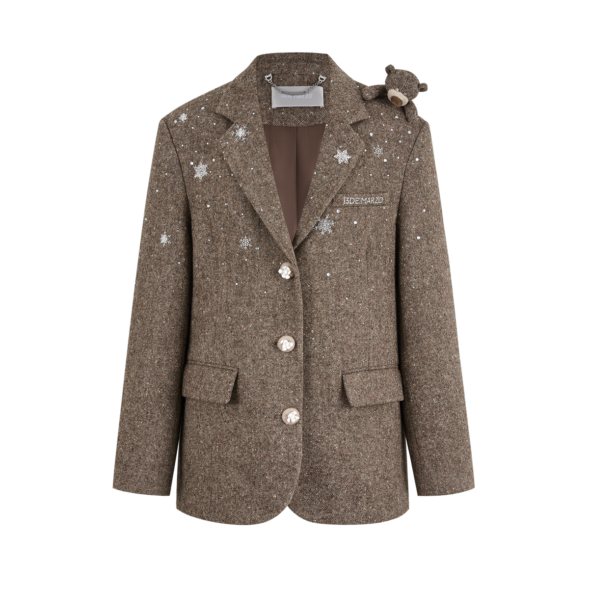 13DE MARZO Rhinestone Snowflake Embroidery Blazer Coat Brown - 13DE MARZO