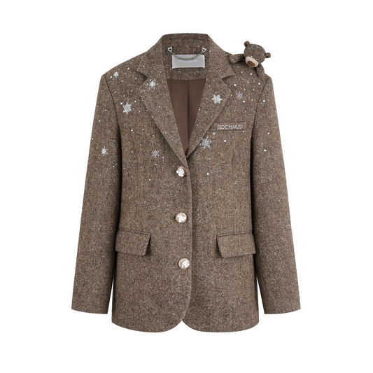 13DE MARZO Rhinestone Snowflake Embroidery Blazer Coat Brown - 13DE MARZO