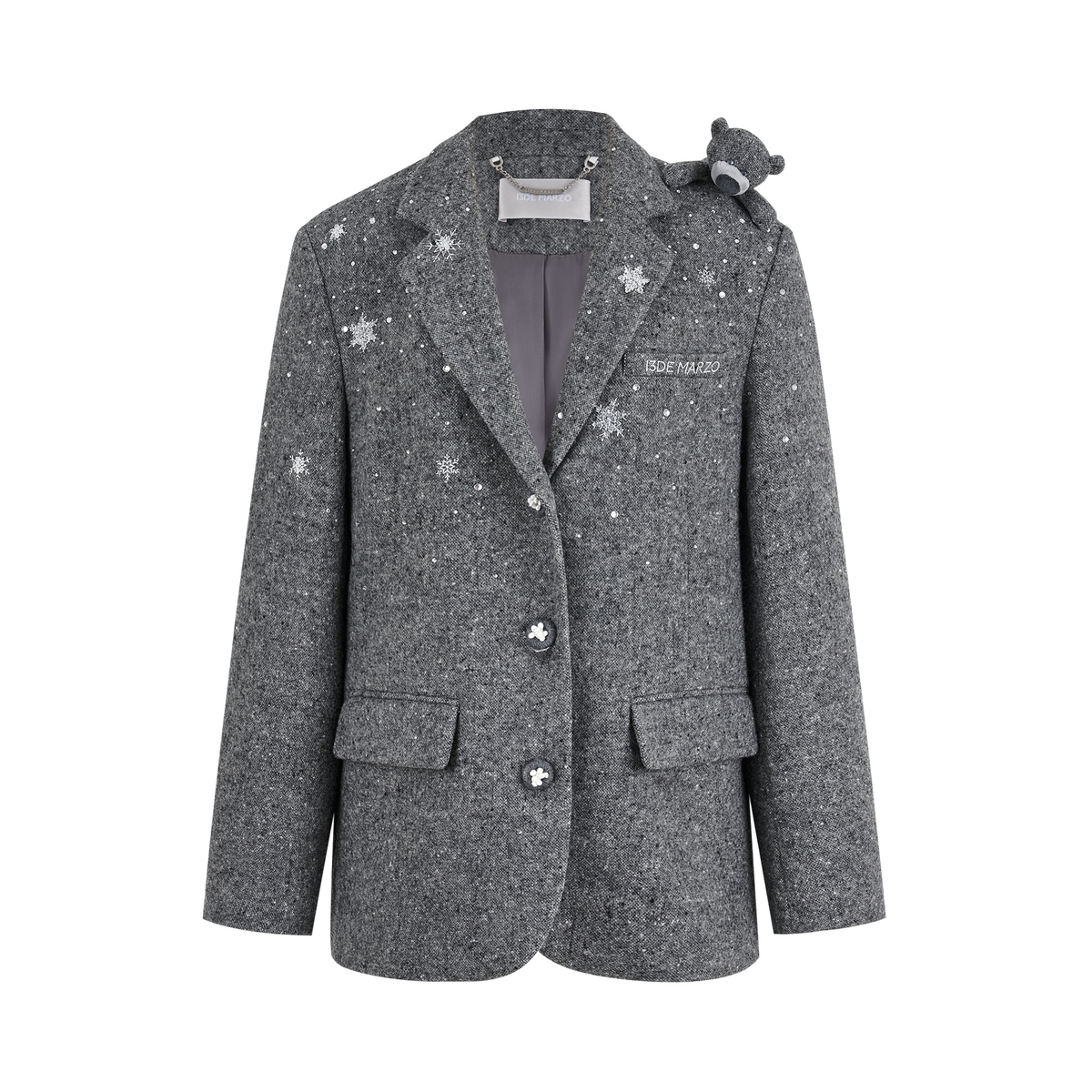 13DE MARZO Rhinestone Snowflake Embroidery Blazer Coat Grey - 13DE MARZO