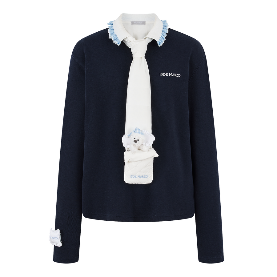 13DE MARZO Nighty Night Bear Long-Sleeve Polo Navy Blue
