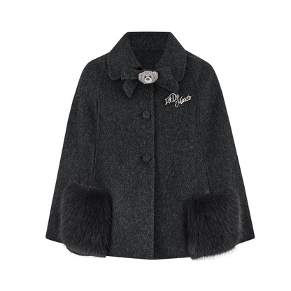 13DE MARZO Bow Bear Wool Cape Coat Dark Grey