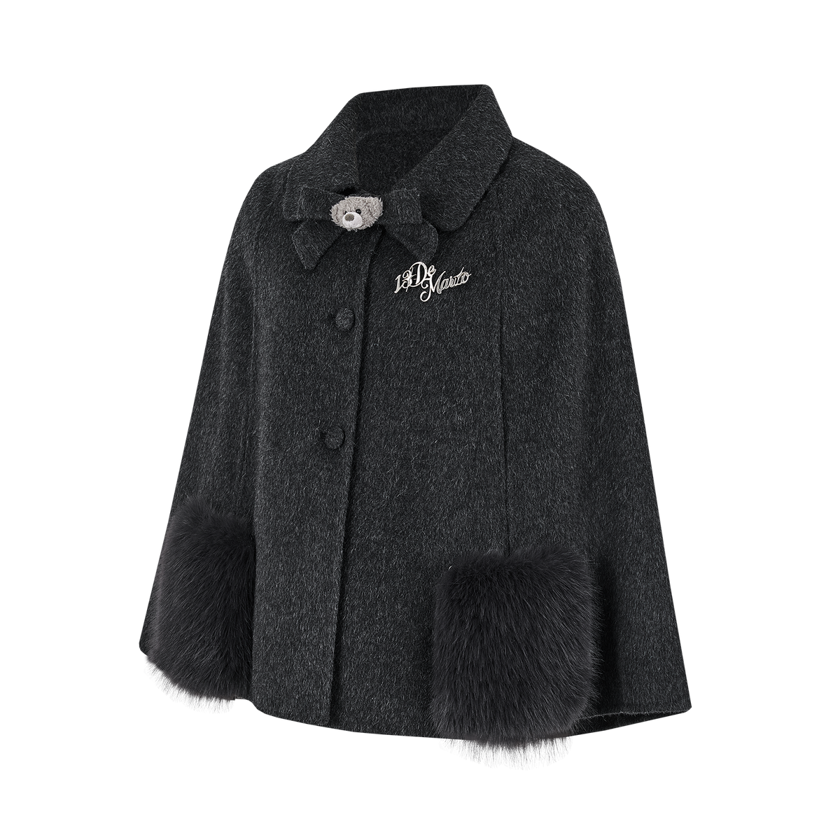 13DE MARZO Bow Bear Wool Cape Coat Dark Grey