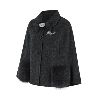 13DE MARZO Bow Bear Wool Cape Coat Dark Grey