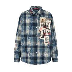 13DE MARZO Rolling Stones Distressed Appliqué Overshirt Blue