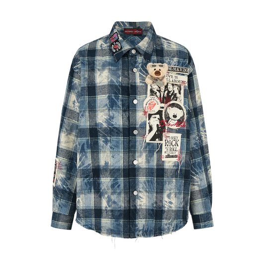13DE MARZO Rolling Stones Distressed Appliqué Overshirt Blue