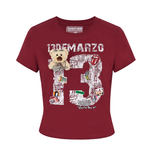 13DE MARZO Rolling Stones Cropped Distressed Tee Red