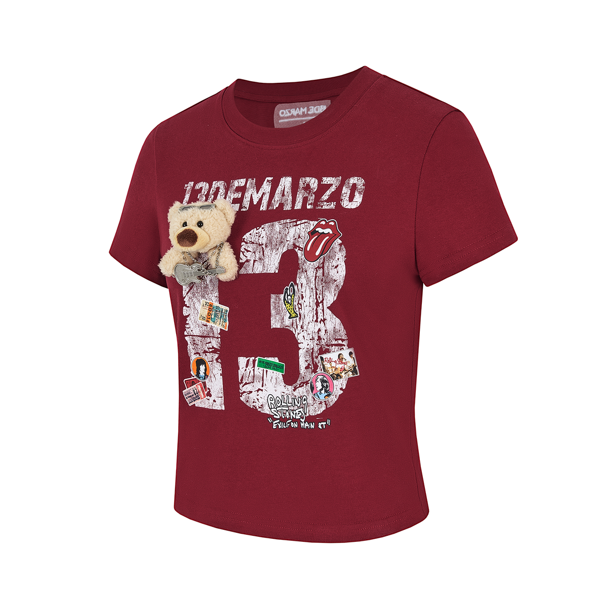 13DE MARZO Rolling Stones Cropped Distressed Tee Red
