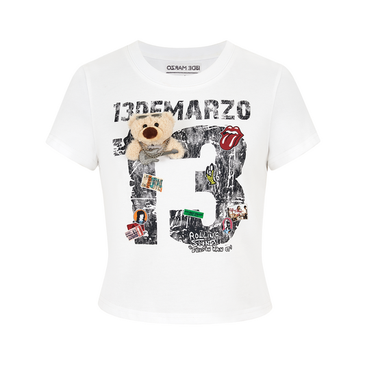 13DE MARZO Rolling Stones Cropped Distressed Tee White