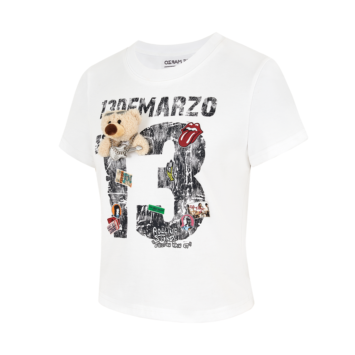 13DE MARZO Rolling Stones Cropped Distressed Tee White