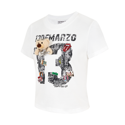 13DE MARZO Rolling Stones Cropped Distressed Tee White