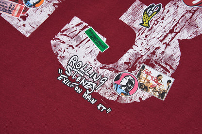 13DE MARZO Rolling Stones Cropped Distressed Tee Red