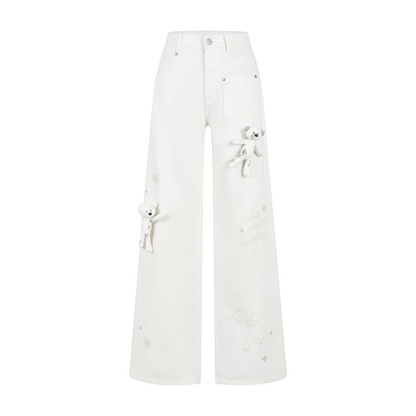 13DE MARZO Doozoo Bear Sketch Print Jeans White