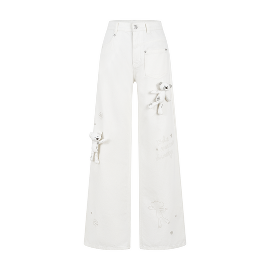 13DE MARZO Doozoo Bear Sketch Print Jeans White