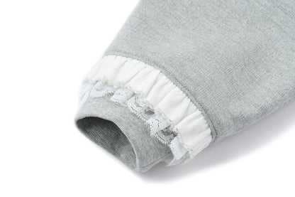 13DE MARZO Lace-Brim Pullover Hoodie Grey