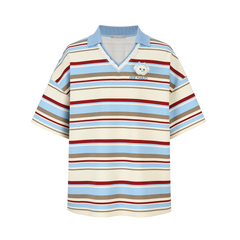 13DE MARZO V-Neck Polo Stripe T-shirt Blue