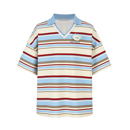 13DE MARZO V-Neck Polo Stripe T-shirt Blue