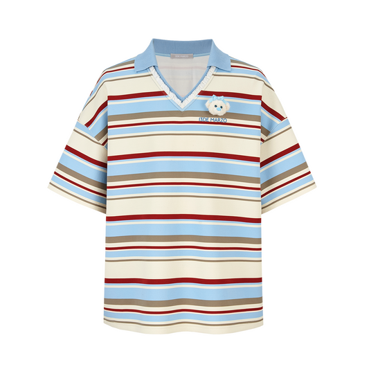 13DE MARZO V-Neck Polo Stripe T-shirt Blue