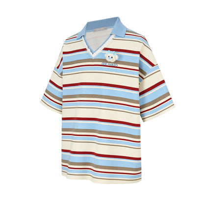 13DE MARZO V-Neck Polo Stripe T-shirt Blue
