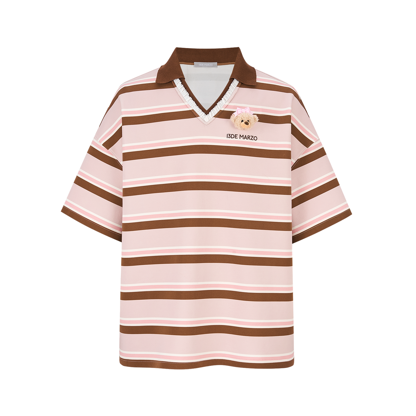 13DE MARZO V-Neck Polo Stripe T-shirt Pink
