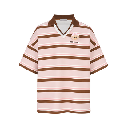 13DE MARZO V-Neck Polo Stripe T-shirt Pink