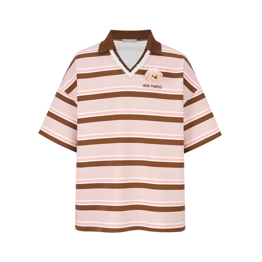 13DE MARZO V-Neck Polo Stripe T-shirt Pink