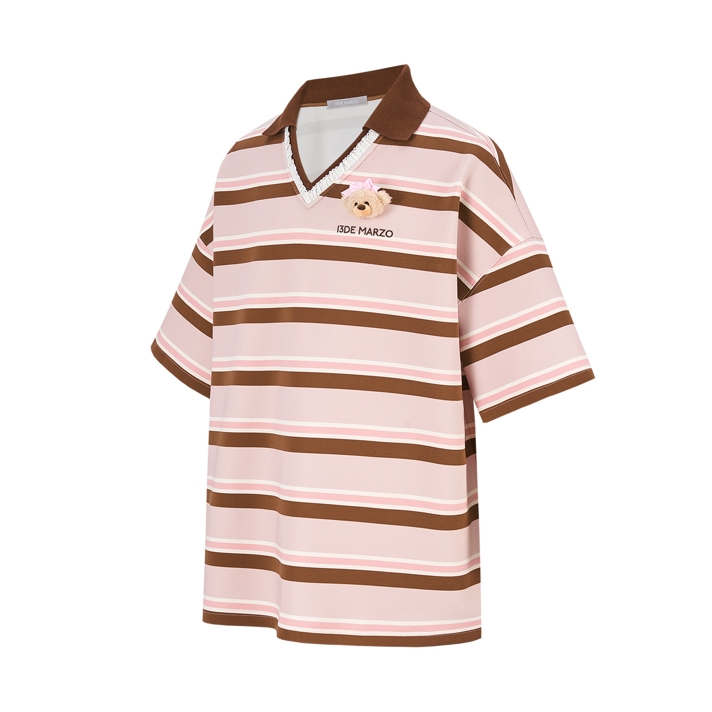 13DE MARZO V-Neck Polo Stripe T-shirt Pink