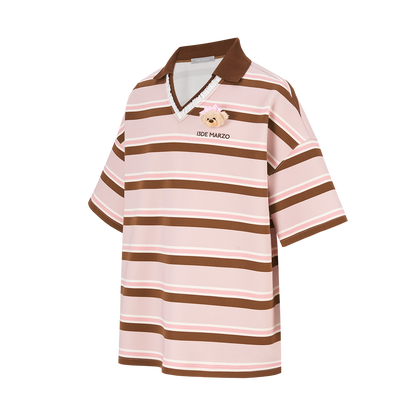 13DE MARZO V-Neck Polo Stripe T-shirt Pink