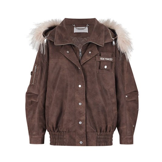 13DE MARZO Doozoo Detachable Fur Collar Leather Jacket - 13DE MARZO