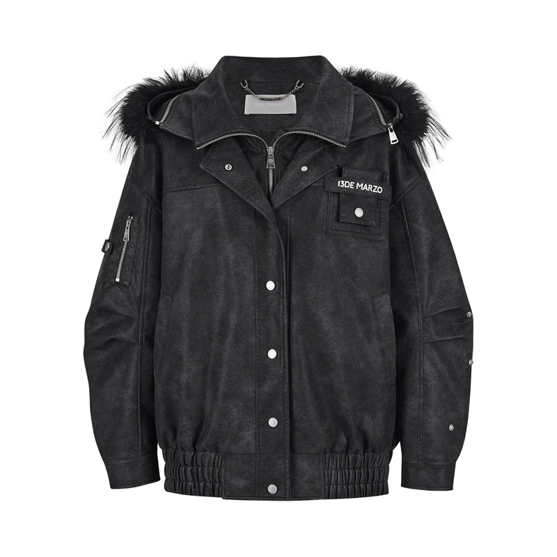 13DE MARZO Doozoo Detachable Fur Collar Leather Jacket - 13DE MARZO