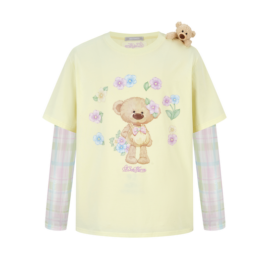 13DE MARZO Floral Appliqué Style Long Sleeve T-shirt Yellow