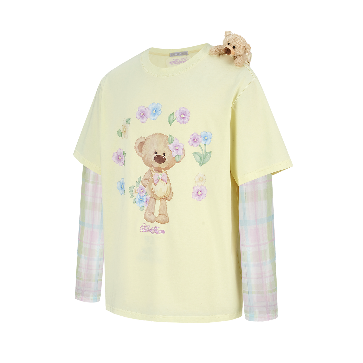 13DE MARZO Floral Appliqué Style Long Sleeve T-shirt Yellow