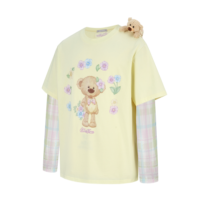 13DE MARZO Floral Appliqué Style Long Sleeve T-shirt Yellow