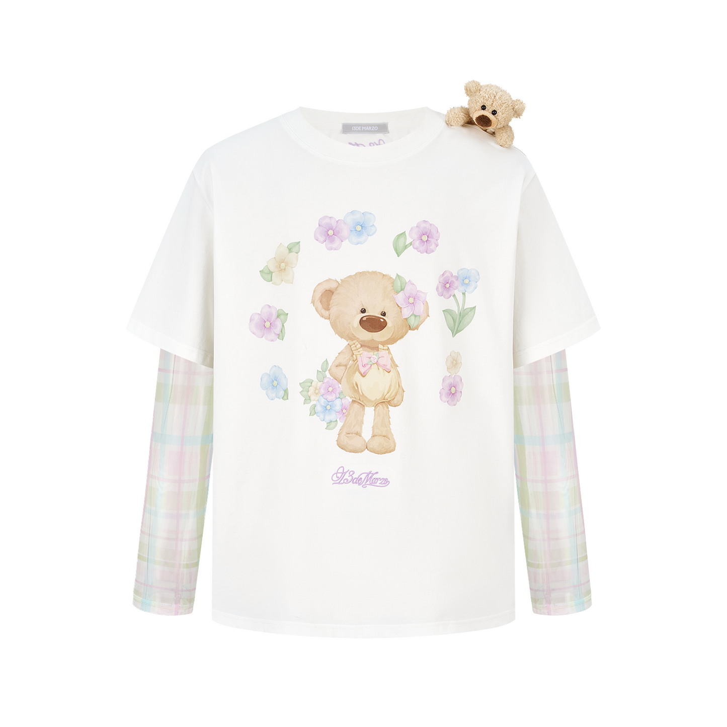 13DE MARZO Floral Appliqué Style Long Sleeve T-shirt White