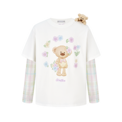 13DE MARZO Floral Appliqué Style Long Sleeve T-shirt White