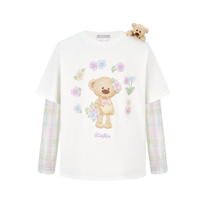 13DE MARZO Floral Appliqué Style Long Sleeve T-shirt White