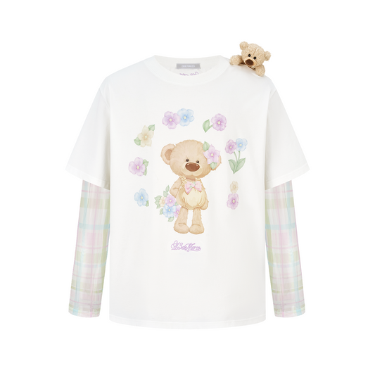 13DE MARZO Floral Appliqué Style Long Sleeve T-shirt White