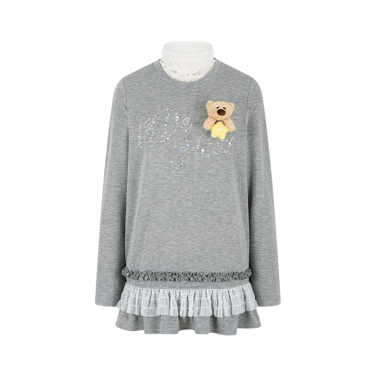 13DE MARZO Luminous Bear Star Lace T-shirt Grey