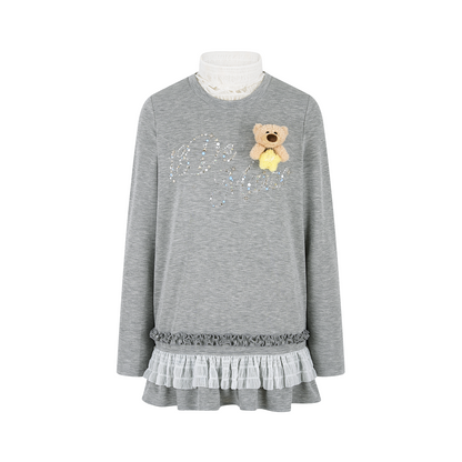 13DE MARZO Luminous Bear Star Lace T-shirt Grey