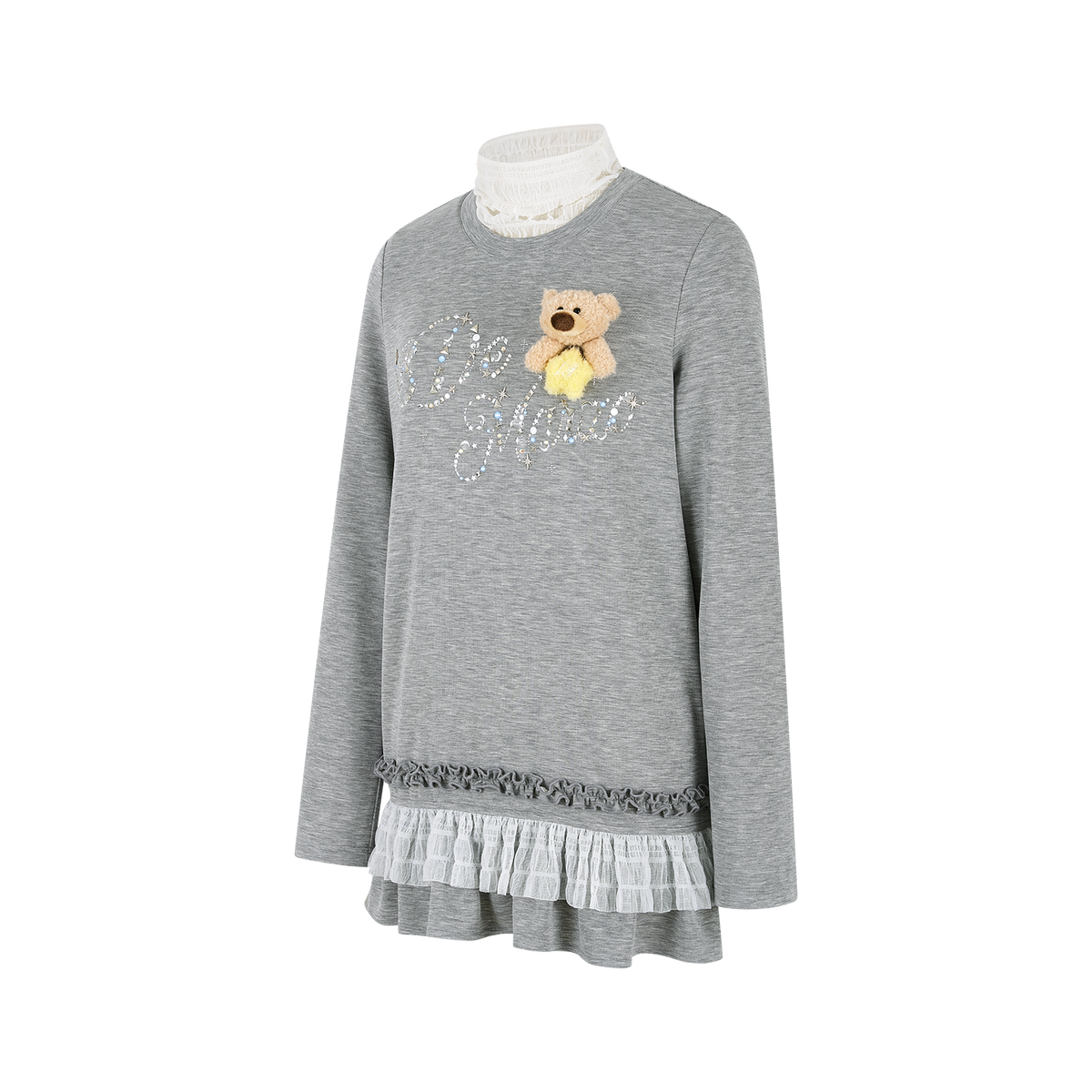 13DE MARZO Luminous Bear Star Lace T-shirt Grey