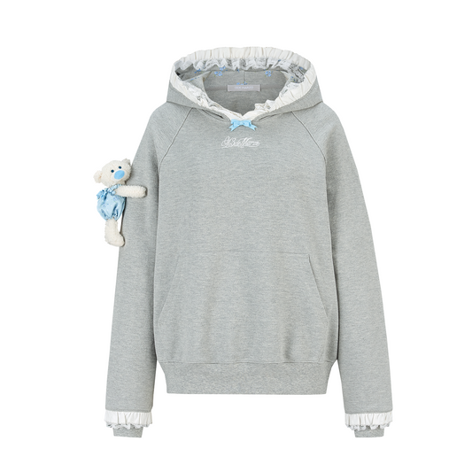 13DE MARZO Lace-Brim Pullover Hoodie Grey