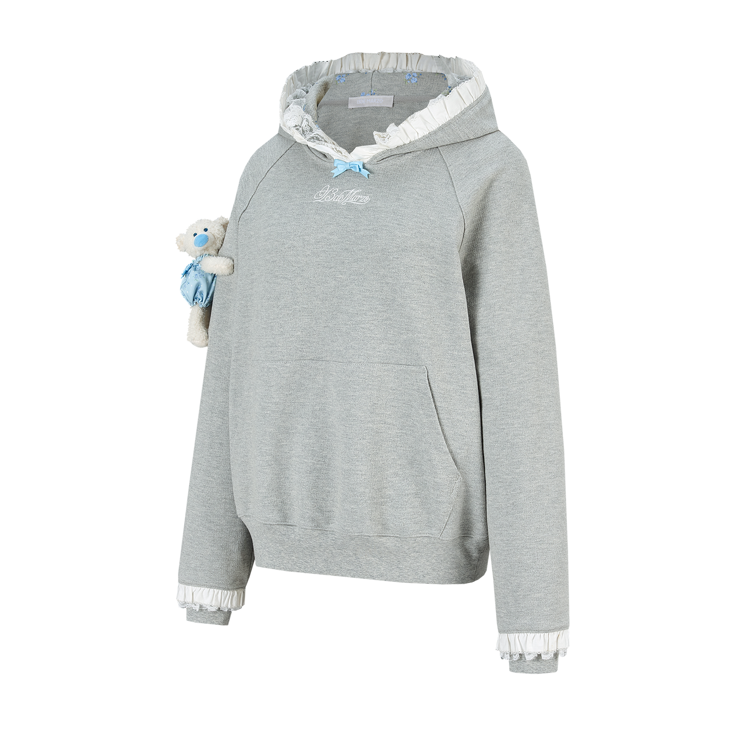 13DE MARZO Lace-Brim Pullover Hoodie Grey