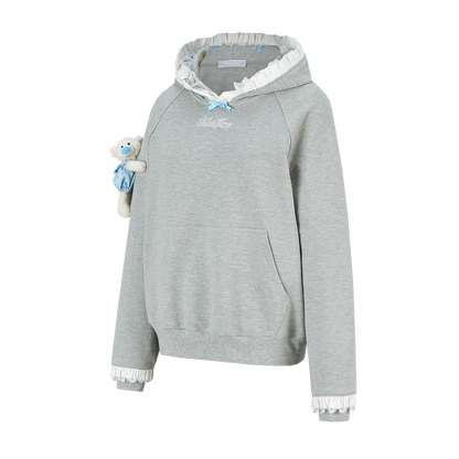 13DE MARZO Lace-Brim Pullover Hoodie Grey