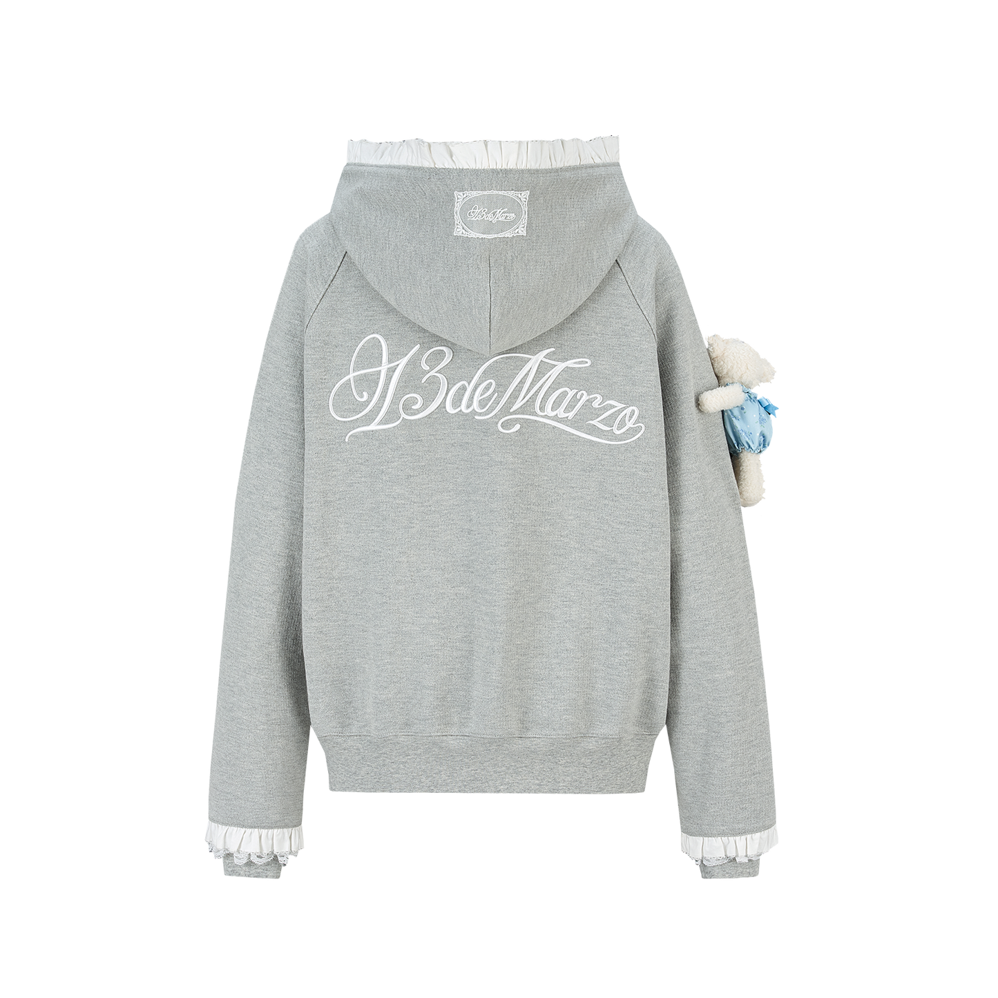 13DE MARZO Lace-Brim Pullover Hoodie Grey