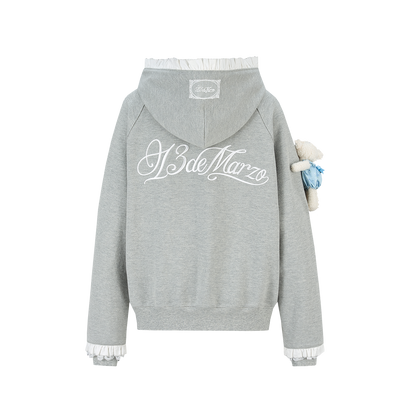 13DE MARZO Lace-Brim Pullover Hoodie Grey
