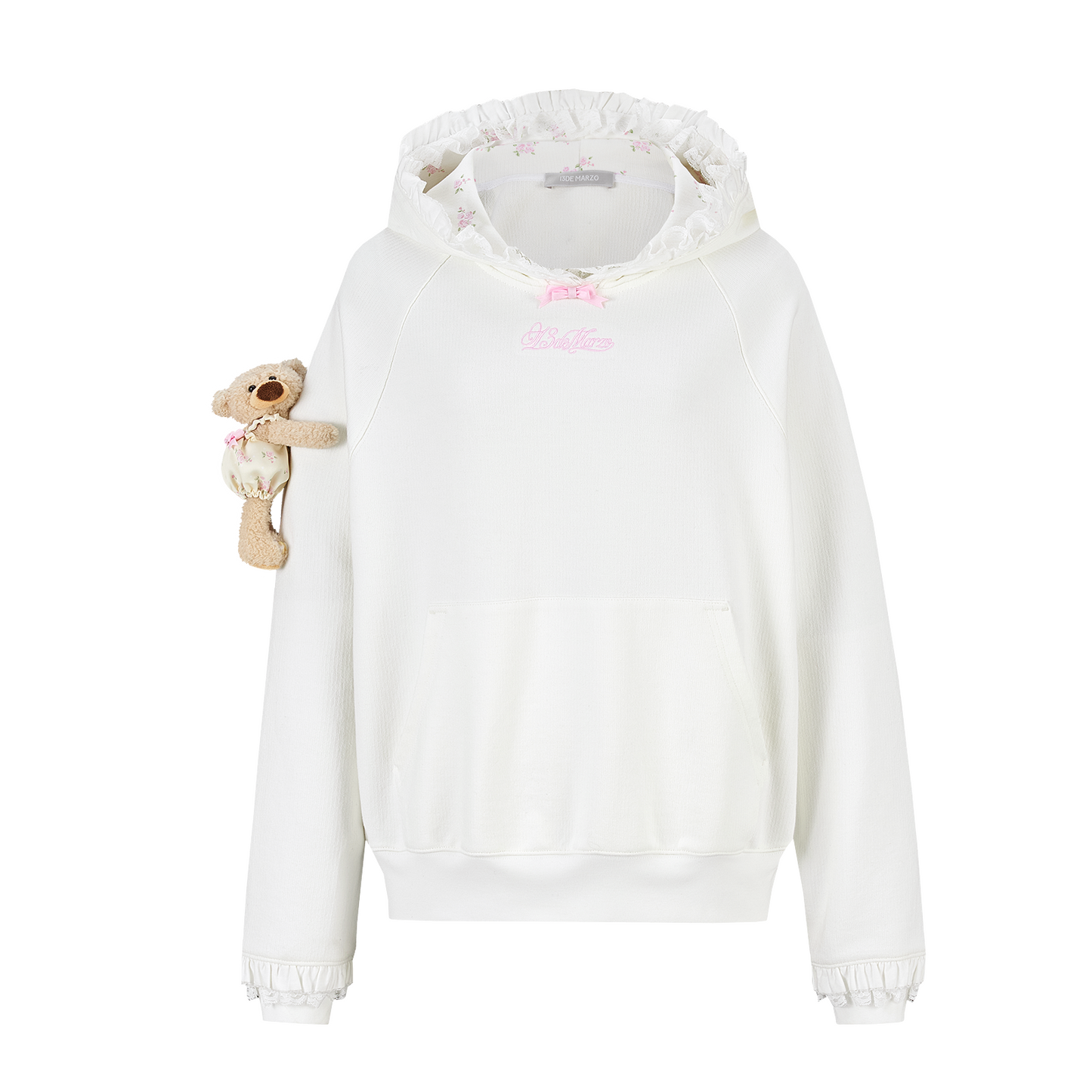 13DE MARZO Lace-Brim Pullover Hoodie White